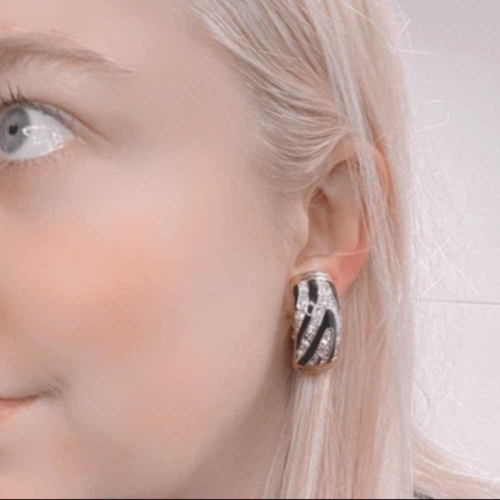 Vintage Clip On Earrings Black White Gold Zebra Stripes Glitzy Glam Chunky